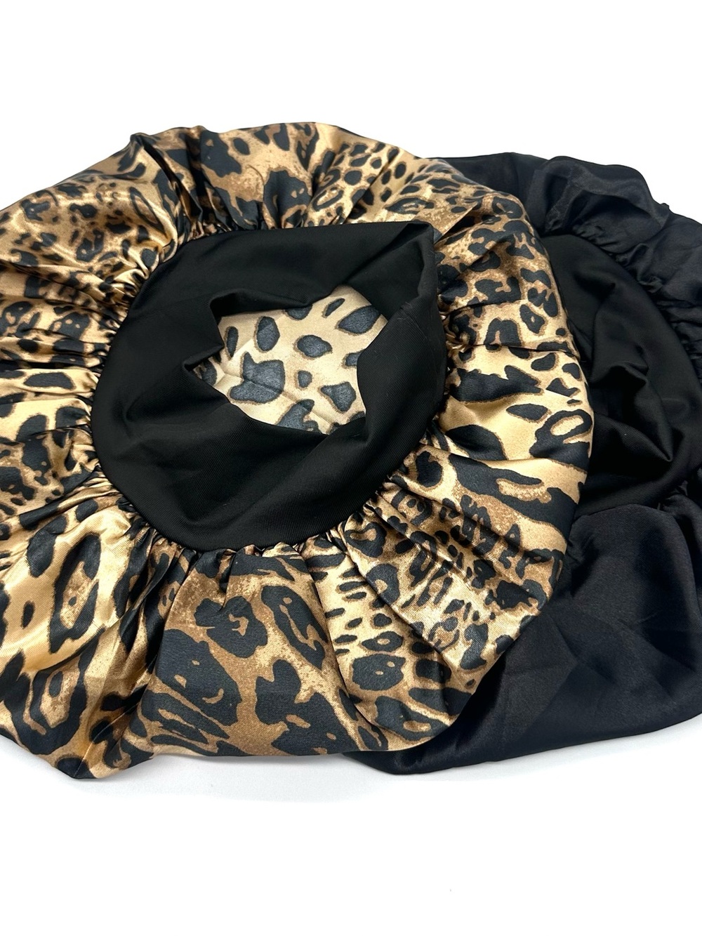 2pc Satin Hair Bonnet Set Leopard Print & Solid Black Large Sleep Cap Edge Band